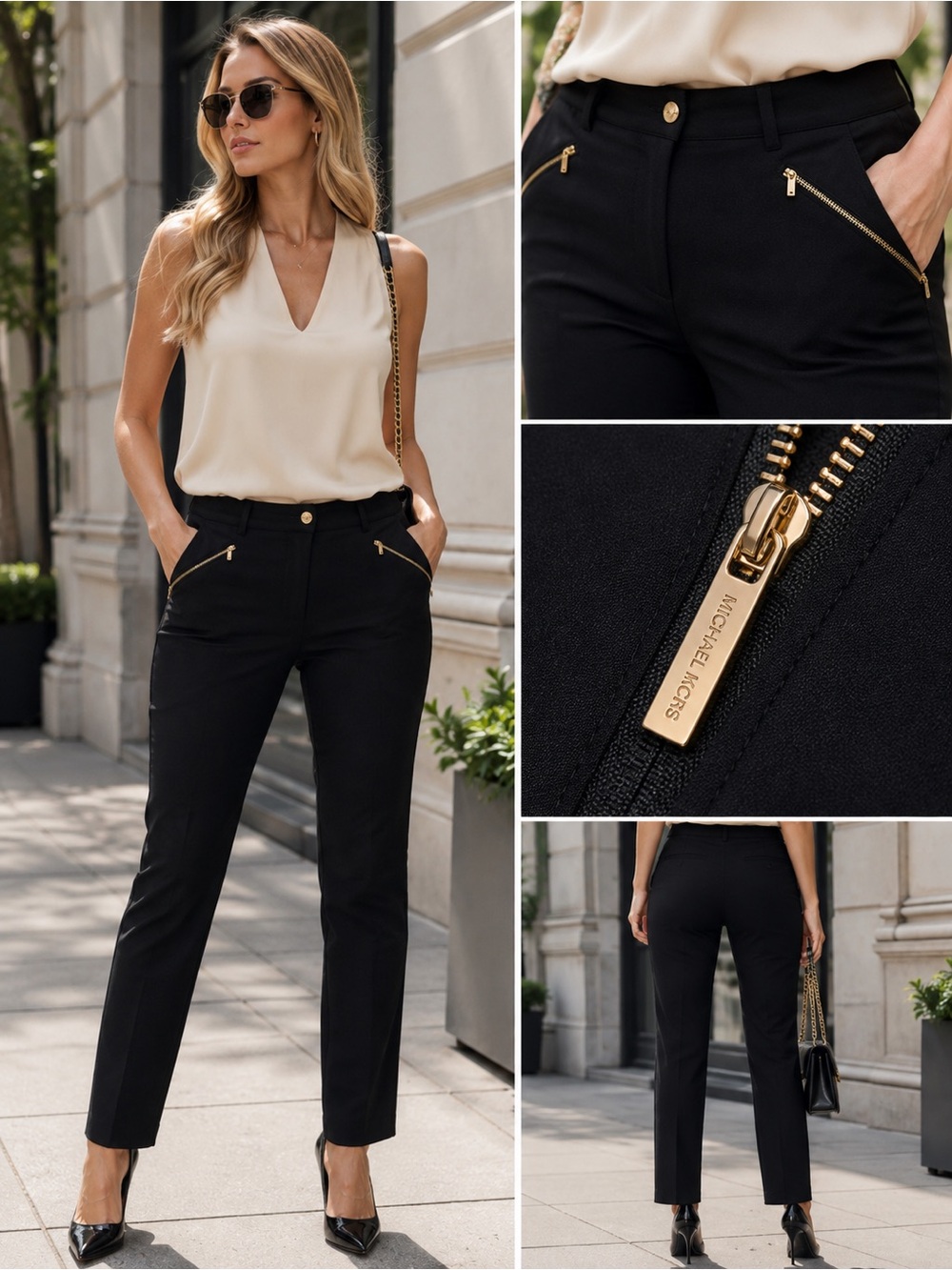 Michael Kors Black Gold Zip Tailored Pants | Size 8